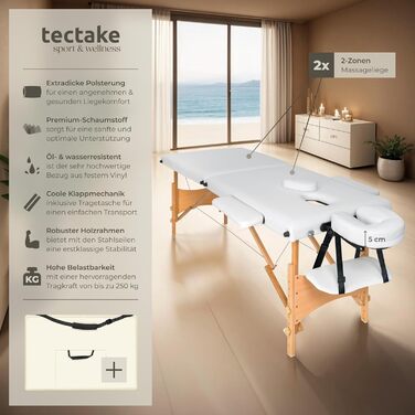 Масажне ліжко Tectake® з 2 зонами, складна, портативна, з 5 см підкладкою, регульована висота, для мобільного масажу, масажна банкетка з дерев'яними ніжками та аксесуарами (сумка-переноска) - без масажних роликів, білий