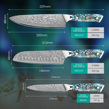 Набір кухонних ножів Damast Santoku 3 шт. з лезом 18 см (VG-10 сталь, ручка Abalone), подарункова коробка