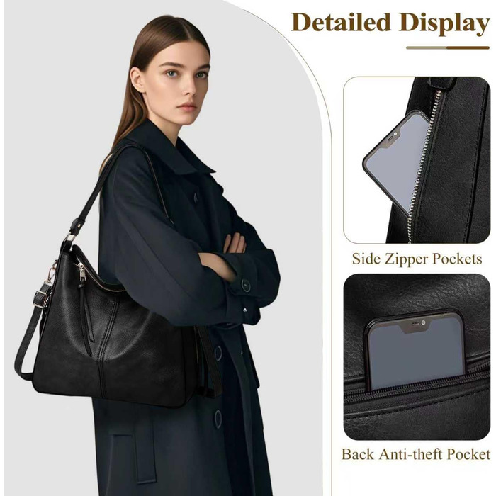 Сумка жіноча шопер велика елегантна через плече, PU-шкіра, колір кава, з кишенею, замок (B Schwarz)