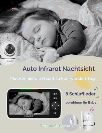 Дитячий відеоняня HelloBaby HB6550 з камерою, акумулятор 3500 mAh, 5-дюймовий екран, поворот 355°/нахил 120°, 2-сторонній аудіо, датчик температури, 8 колискових, нічне бачення