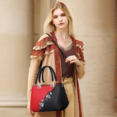 Сумка жіноча DIRRONA велика – сумка через плече та шопер з квітковою вишивкою та помпонами, червона. Для роботи, відпочинку, подорожей, офісу, вечірок та весіль