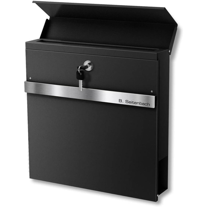 Поштова скринька Metzler з газетницею Anthrazit, персоналізована з табличкою з нержавіючої сталі V2A, порошкове покриття RAL 7016 Anthrazit - Stelio (RAL 9005)