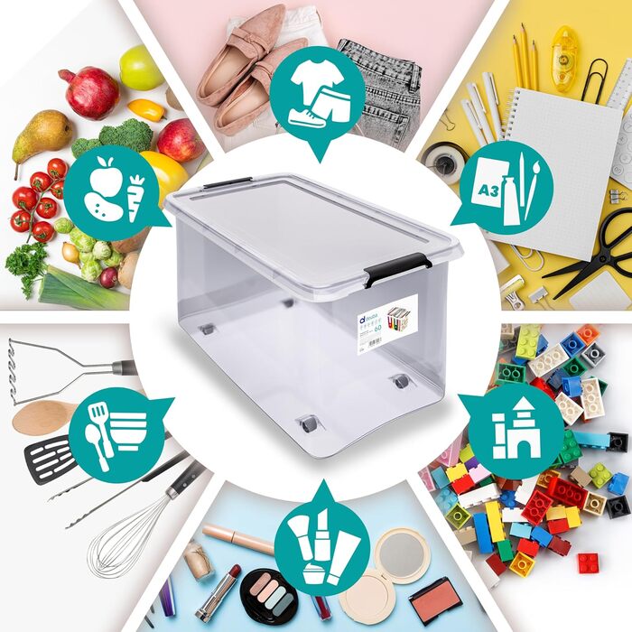 Deuba® Storage Boxes 6 x 60L with Lid and Wheels, Stackable, Transparent BPA-Free Plastic, Click Closure, RB60 for Office, Garage, Laundry Room