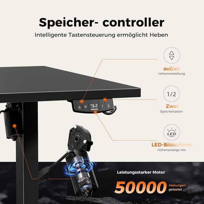 Регульований стіл Agilestic 180x80 см, електричний з пам'яттю, ергономічний, для комп'ютера, чорний