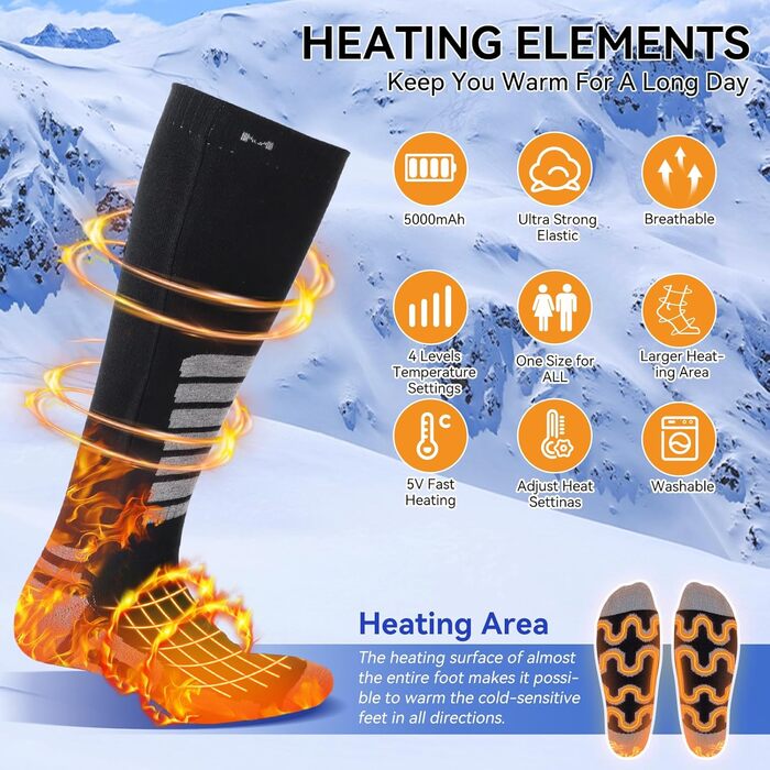 Гріючі шкарпетки для жінок та чоловіків Ninonly з 4 рівнями нагріву, акумулятор 5000mAh, для катання на лижах, піших прогулянок, кемпінгу та зимових активностей