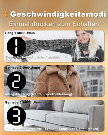 Електричний видалення ворсу для одягу, меблів та текстилю - портативний бездротовий прилад з LED-дисплеєм та 3 рівнями налаштування, чорний