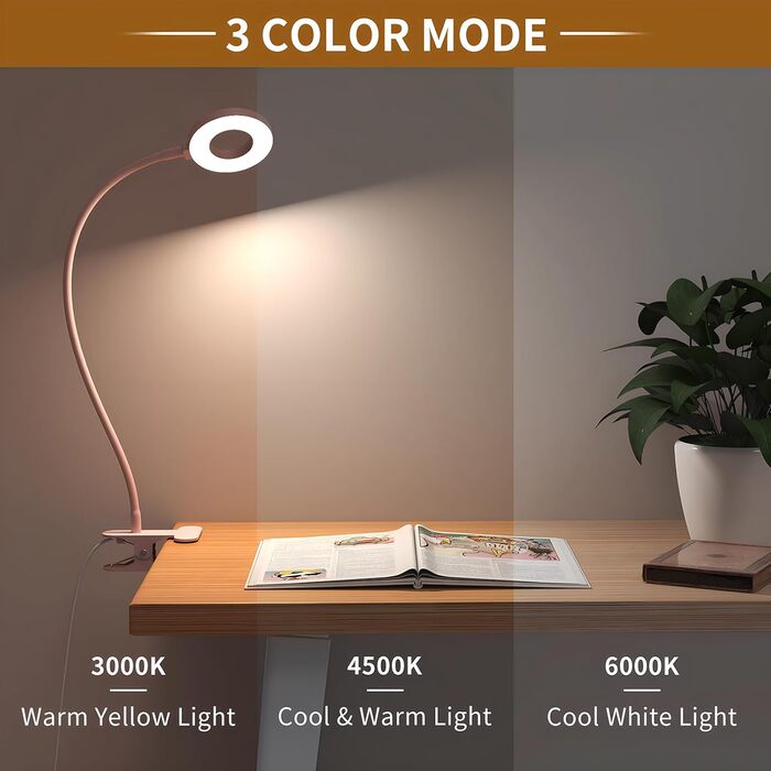 iZELL LED лампа для читання з гнуким світильником 40см, 10 рівнів яскравості, USB-зарядка, рожевий колір