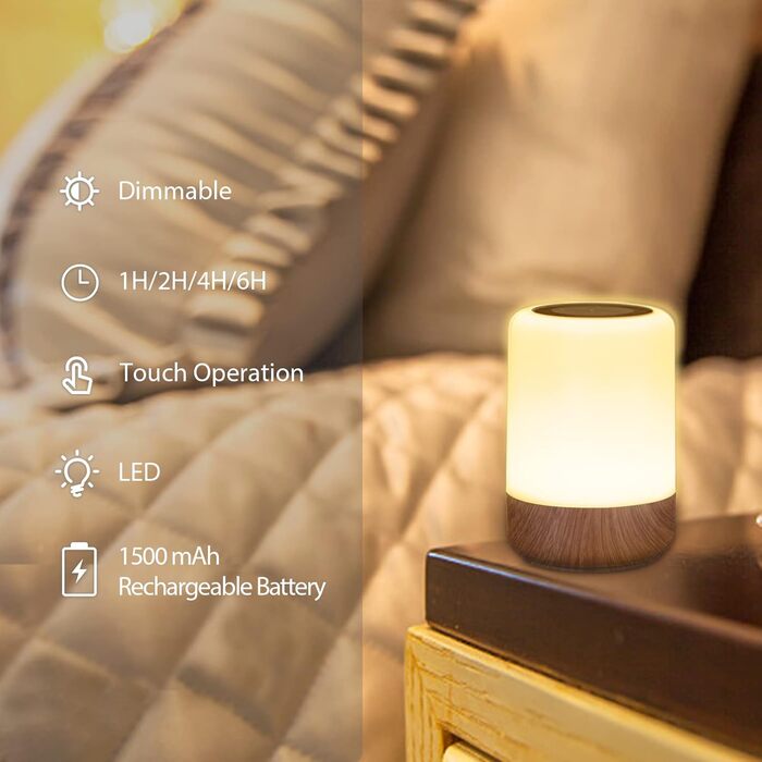 LED нічник на тумбочку з торканням, регулювання яскравості, працює від батарейок, 8 кольорів та 3 режими, дерев'яний масив, нічник на батарейках USB-зарядка з таймером для спальні, вітальні (волоський горіх, 1 шт.)