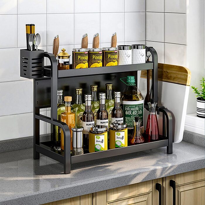 Стійка для спецій Devesanter на 2 яруси, велика місткість, з контейнерами, органайзер для кухні, з підставкою для дощок, з гачками, чорний