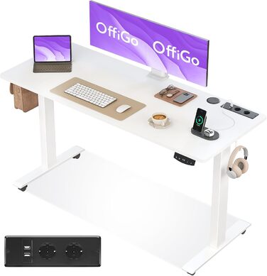 OffiGo Electric Standing Desk with USB Ports - Height Adjustable Desk for Home & Office - Memory Function, White - 140x54cm