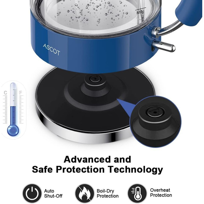 Електричний чайник зі скла ASCOT, 2200W, 1.5L, без BPA, тихий, з функцією автоматичного відключення, білий (класичний блакитний)