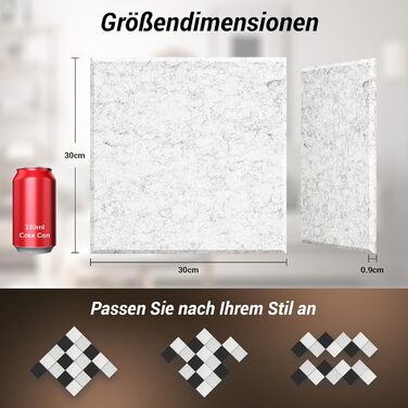 Акустичні панелі TONOR самоклеючі, квадратні звукопоглинаючі плити з поліестеру 30x30x0,9 см, 18 шт, сірі — шумоізоляція для стін, стелі та дверей