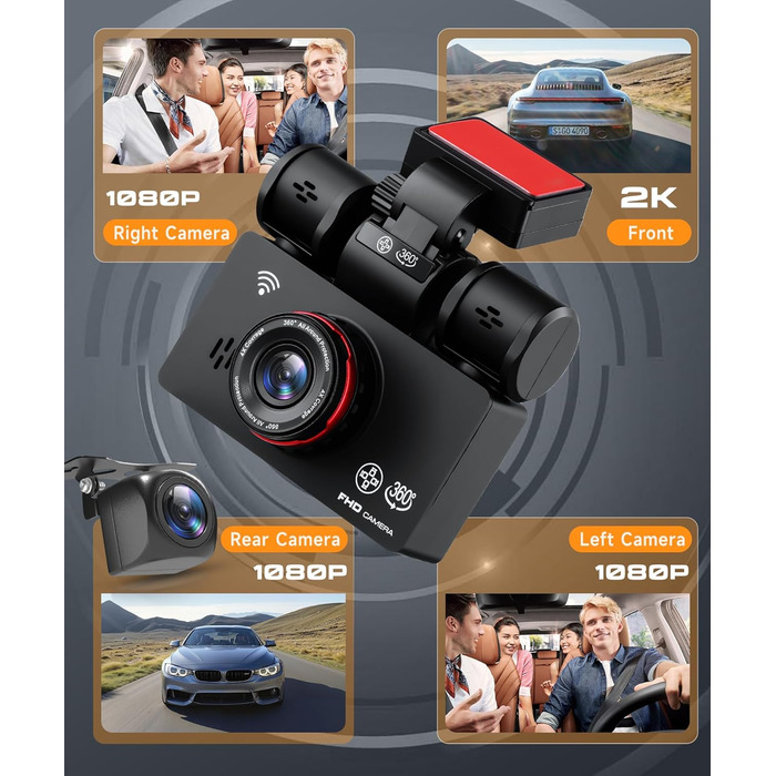 Автомобільний відеореєстратор 360° 4K/FHD 1080P (4 канали: передній, задній, лівий, правий) з ІК-нічним баченням, G-сенсором, моніторингом паркування 24г та карткою пам'яті 64 ГБ, екран 3 дюйми