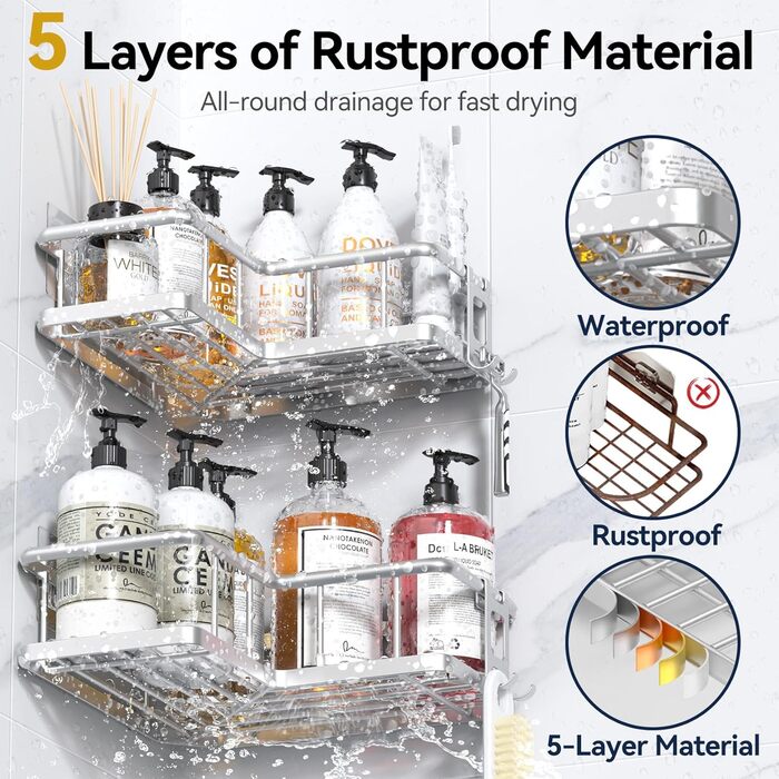Органайзер для душу YASONIC (5 шт.), самоклеючий, нержавіюча сталь, полиці для ванної кімнати з мильничкою та 4 гачками, велика місткість, сріблястого кольору
