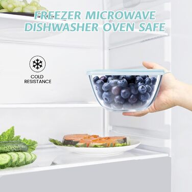 Luvan Glas Mixing Bowls with Lids 3-Piece Set (4.2 L, 2.5 L, 1 L), Large Round Salad Bowls for the Kitchen, ideal for Storing Food, Cooking, Baking, Preparing, Dishwasher Safe