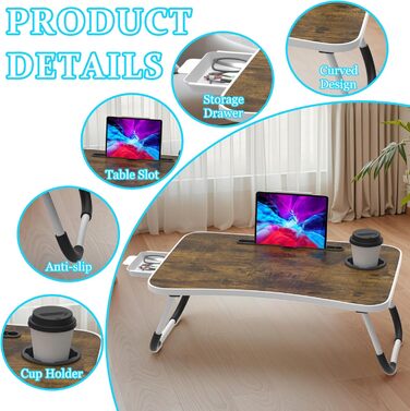 Столик для ноутбука Soontrans з ящиком, 60x40x28 см, з підстаканником та тримачем для планшета, складний, для ліжка та дивана