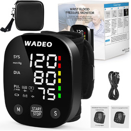 Цифровий тонометр WADEO на зап'ясті, мовлення 5 мовами, виявлення аритмії, портативний тонометр для дому та подорожей, 2 x 99 пам'ять, з батарейками та коробкою для зберігання, білий (чорний)