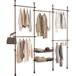 SoBuy KLS04-SCH Telescopic Clothing Rail with 5 Garment Rails and 2 Baskets Telescopic Wardrobe System Adjustable Shelf System B (209-311) x H (200-285) cm (Brown)