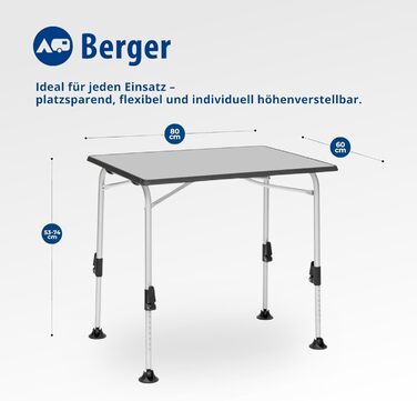 Стіл кемпінговий розкладний BERGER Ivalo 2, 80x60 см, алюмінієвий, регульована висота, для саду, балкону, тераси