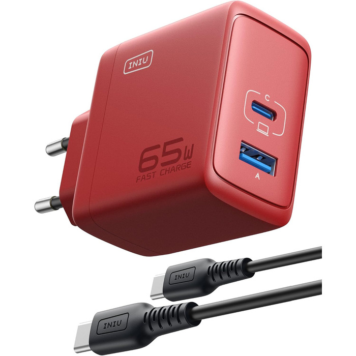 Зарядний пристрій INIU 65W USB-C + USB-A GaN, мережевий адаптер для MacBook, iPad, iPhone, Samsung Galaxy, Pixel - червоний