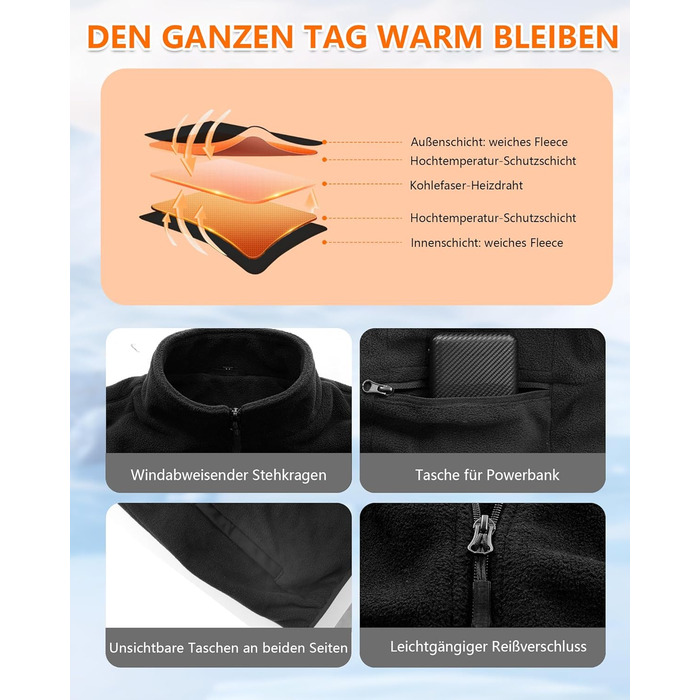 Обогревна жилетка з флісу для чоловіків з акумулятором 5V 10000mAh - жилетка з 3 рівнями нагріву, 5 зонами обігріву, ідеальна для роботи на відкритому повітрі, катання на лижах, піших прогулянок та щоденних поїздок. Чорний, XXL
