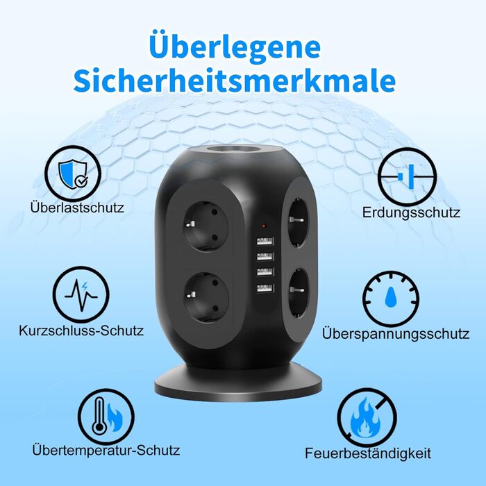 Багатофункціональна мережа живлення Colstar з 4 USB, 8 розеток, захистом від перенапруги, 2м кабелем, для дому та офісу, чорна