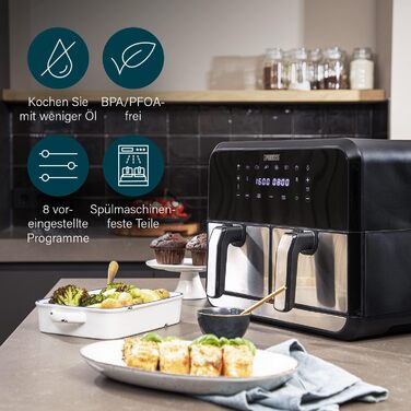 Princess Double Chamber Air Fryer with 2x4L Capacity – 62.2% Less Energy Consumption – Separate Temperatures for 2 Compartments – 8 Programs – 182074, 1700 Watts, 38.4 x 37.4 x 30.8 cm 2x4L Double Chamber Air Fryer Silver