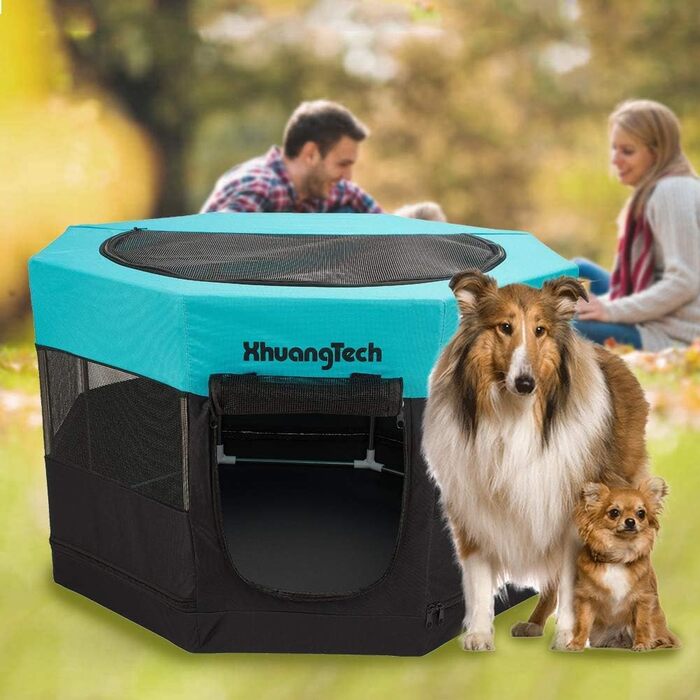 Клітка-загон для собак, котів, кроликів та морських свинок XhuangTech, з м'якого матеріалу, портативна, складана, з металевим каркасом, для цуценят, блакитна (87,6 x 87,6 x 54,9 см)