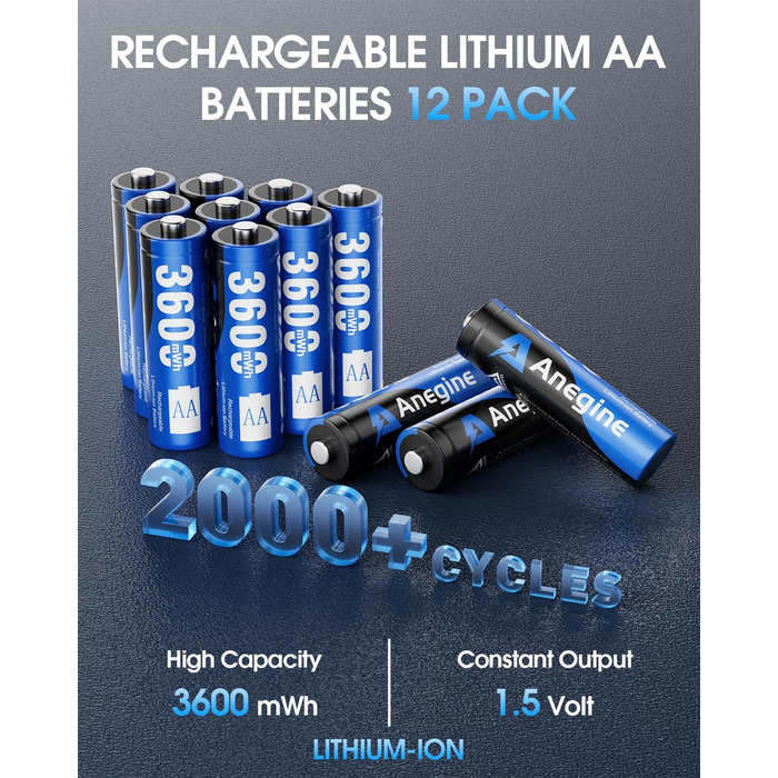 Акумулятори AA літієві перезаряджувані 3600mAh 1.5V з зарядним пристроєм (12 шт.)