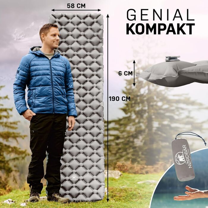 Nordbär Inflatable Camping Sleeping Pad - Ultralight & Compact | Air Mattress for Camping, Outdoor Use & Tent | Grey Sleeping Pad with or without Pillow