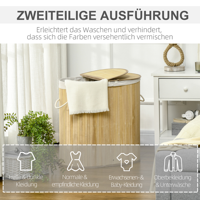 HOMCOM Laundry Basket with Lid, 2 Sections Removable Laundry Sorter Made of Bamboo, Natural for Laundry Organization and Storage