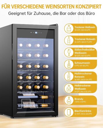 WIE 33 Liter Wine Fridge - 1 Zone Mini Wine Cooler with Glass Door & LED Touch Panel - Anti-UV Wine Storage for 28 Bottles
