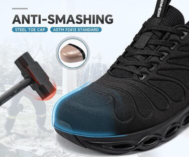 Черевики робочі з металевим підноском LARNMERN для чоловіків та жінок. Легкі, комфортні, кольорові, розмір 42.5 EU, чорний.