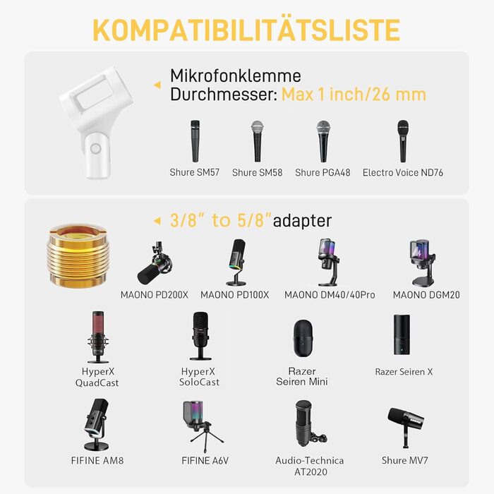 Мікрофонний тримач Maono BA20, чорний: регульований штатив для подкастів, геймінгу, стрімінгу та запису – з кріпленням до столу та адаптером 3/8' - 5/8'