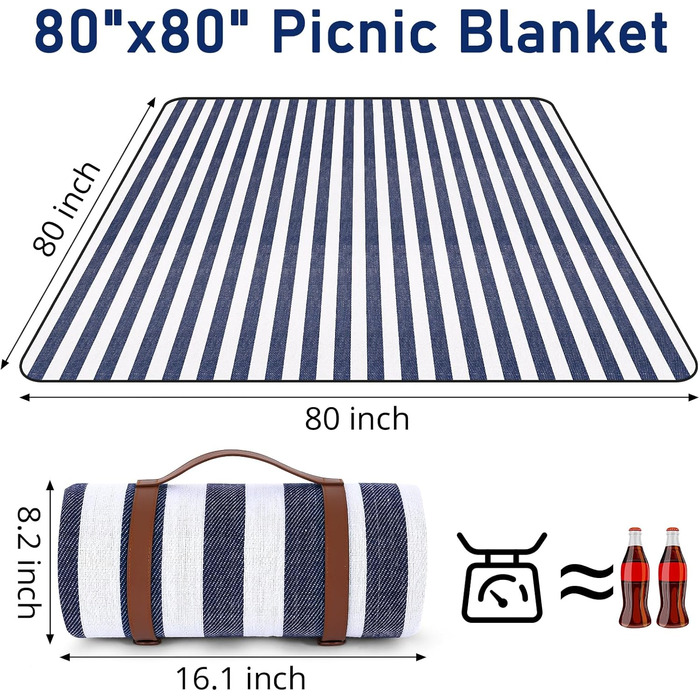 Плед для пікніка Timirock у смужку, 203 x 203 см, великий, вологостійкий та складаний. Ідеально для пляжу, кемпінгу, парку, тераси (блакитний/білий)