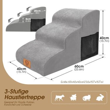 3-Step Dog Stairs, Non-Slip Pet Stairs for Small Dogs, Washable Dog Stairs 40cm High, Portable Dog Ramp Cat Stairs with Washable Cover for Sofa Bed