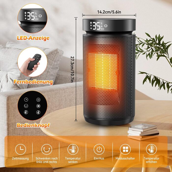 Електричний обігрівач 1500W PTC кераміка, тихий 34 dB, з термостатом, таймером 12 год та захистом від перегріву та перекидання. З пультом керування, чорний.