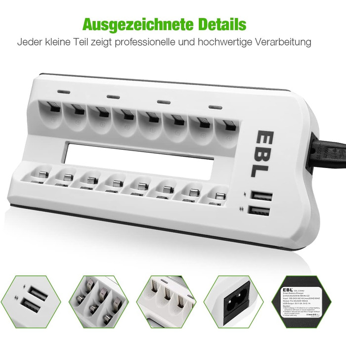 Зарядний пристрій EBL для акумуляторів AA/AAA NI-MH/NI-Cd та USB пристроїв, 8 слотів, LED дисплей, 2 USB порти (без акумуляторів)