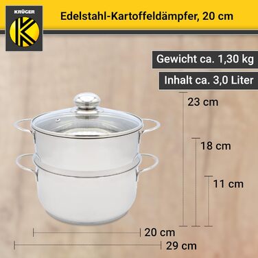 Каструля для варіння картоплі Krüger з нержавіючої сталі, 20 см, з скляною кришкою, біо-пароварка з антипригарним захистом краю та енергозберігаючим капсульним дном, для приготування без води та жиру