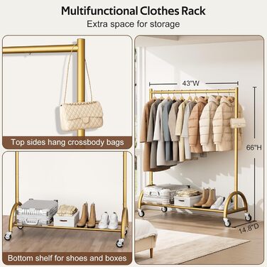 Міцний вішак для одягу на коліщатках MISSLO для спальні, металевий, золотий - мобільна вішалка для одягу, пальто