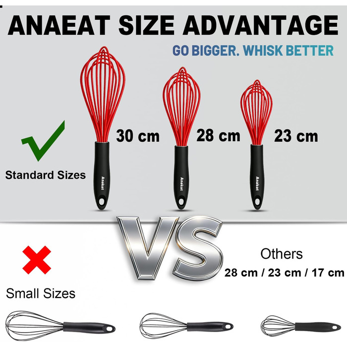 Набір міксерів Anaeat з силікону, 3 шт. – міцний сталевий дріт всередині, стійкий до високих температур. Ідеально підходить для посуду з антипригарним покриттям. Для збивання, змішування, приготування. (Червоний) 21 см + 26 см + 30 см
