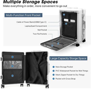 Чемодан ручної поклажі 56 см, 20 дюймів, з алюмінієвим каркасом, PC корпус, 4 колеса, TSA замок, USB-порт, тримач для напоїв, білий