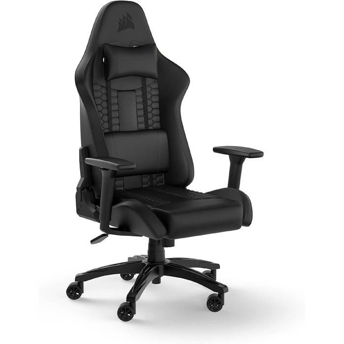 Ігрове крісло Corsair TC100 Relaxed з екошкіри, чорне, ергономічне, регульовані підлокітники, подушка для попереку та знімна подушка з піни пам’яті, стиль автоспорту