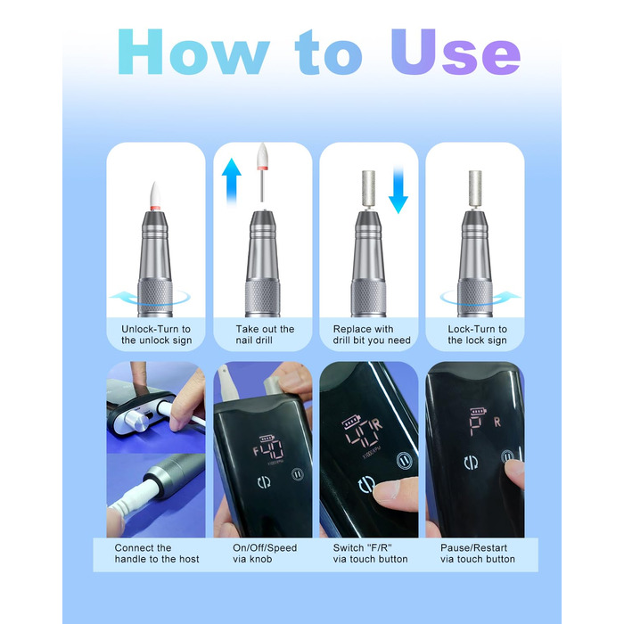 Професійний фрезер для нігтів ENGERWALL M95G: 40000 обертів/хв, акумулятор 24 год, бездротовий електричний фрезер для гелю та акрилу, LCD дисплей, турбо двигун