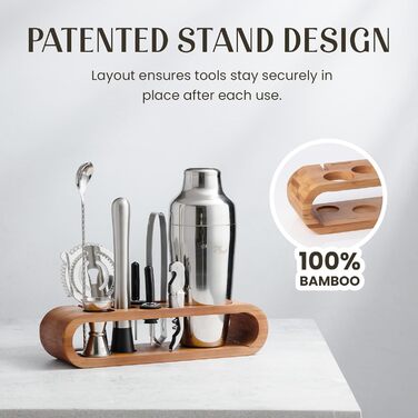 Stainless Steel Cocktail Shaker Set - 10 Piece Mixology Set with Bamboo Stand - Silver Bar Accessories Gift Set
