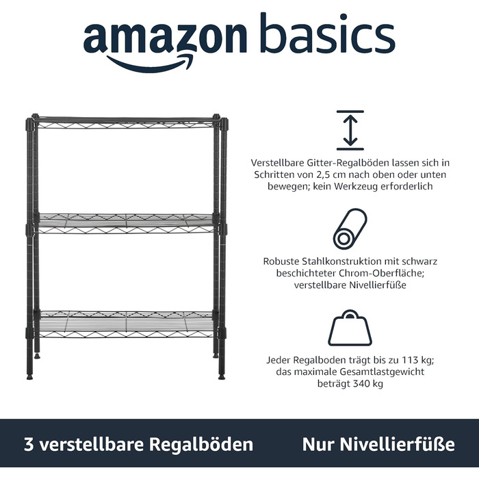 Amazon Basics Narrow Storage Cabinet with 3 Shelves, Adjustable Shelves, and Leveling Feet, Maximum Weight Capacity 340 kg, Black, 34 cm D x 58.9 cm W x 76.2 cm H