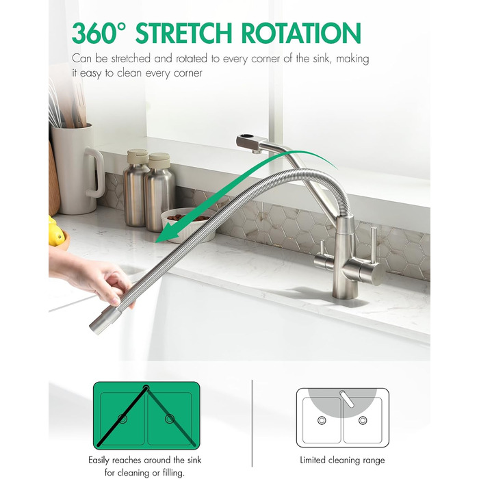 Змішувач кухонний з висувною лійкою, 360° поворот, щіткове золото, для кухні