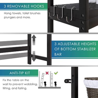 SMIBUY Toilet Shelf, Bamboo Toilet Rack, Adjustable Washing Machine Shelf, Bathroom Shelf with 3 Storage Layers, Space-Saving, Easy to Assemble (Black)