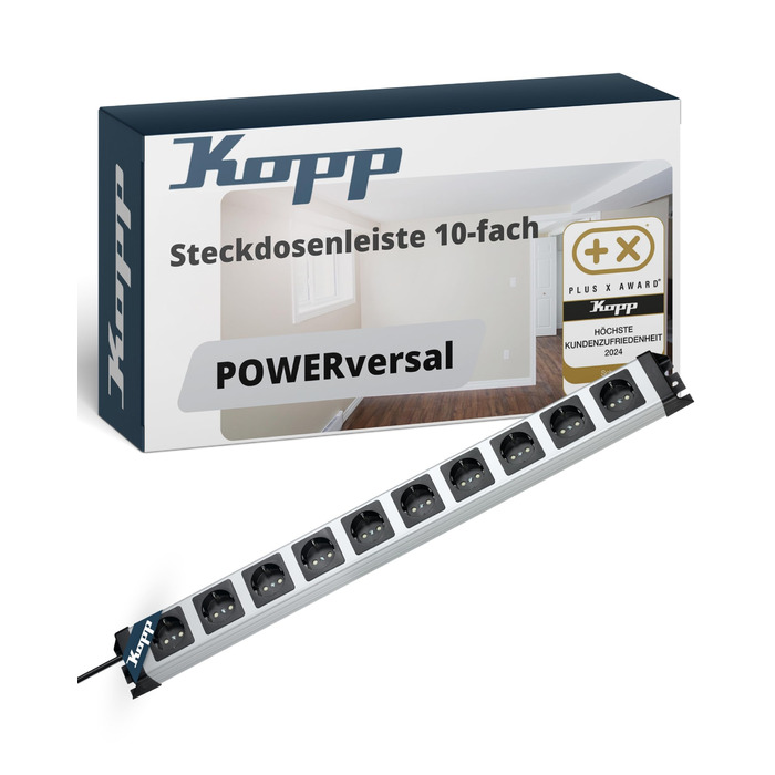 Steckdosenleiste Kopp POWERversal 10-fach, срібно-чорна, IP20, 1.4м, 90° кут, захист від дотику
