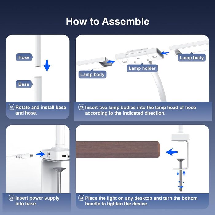 LED лампа настільна з регулюванням яскравості - 1500LM 24W, кріплення на прищіпці, з пультом дистанційного керування, 80см гнушкий шийка, USB-порт для зарядки, для офісу та дому (біле світло)